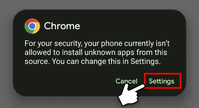 For your security,your phone currently isn't allowed to install unknown apps from this source. You can change this in Setteings.